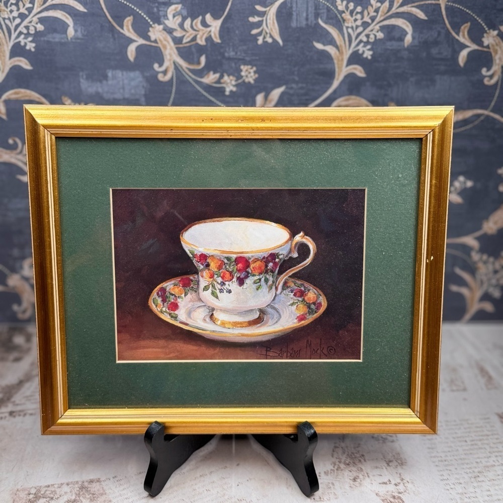 Barbara Mock Mini Fruit Teacup Framed Floral Art Print Vintage Gold Frame Rare